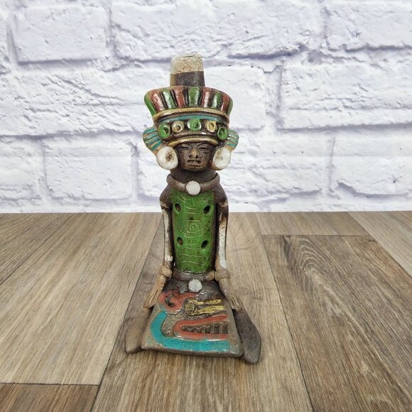 PRE COLUMBIAN STYLE MAYAN AZTEC INCA Clay Flute Whistle Figurine with‎ Headdress - Picture 1 of 6